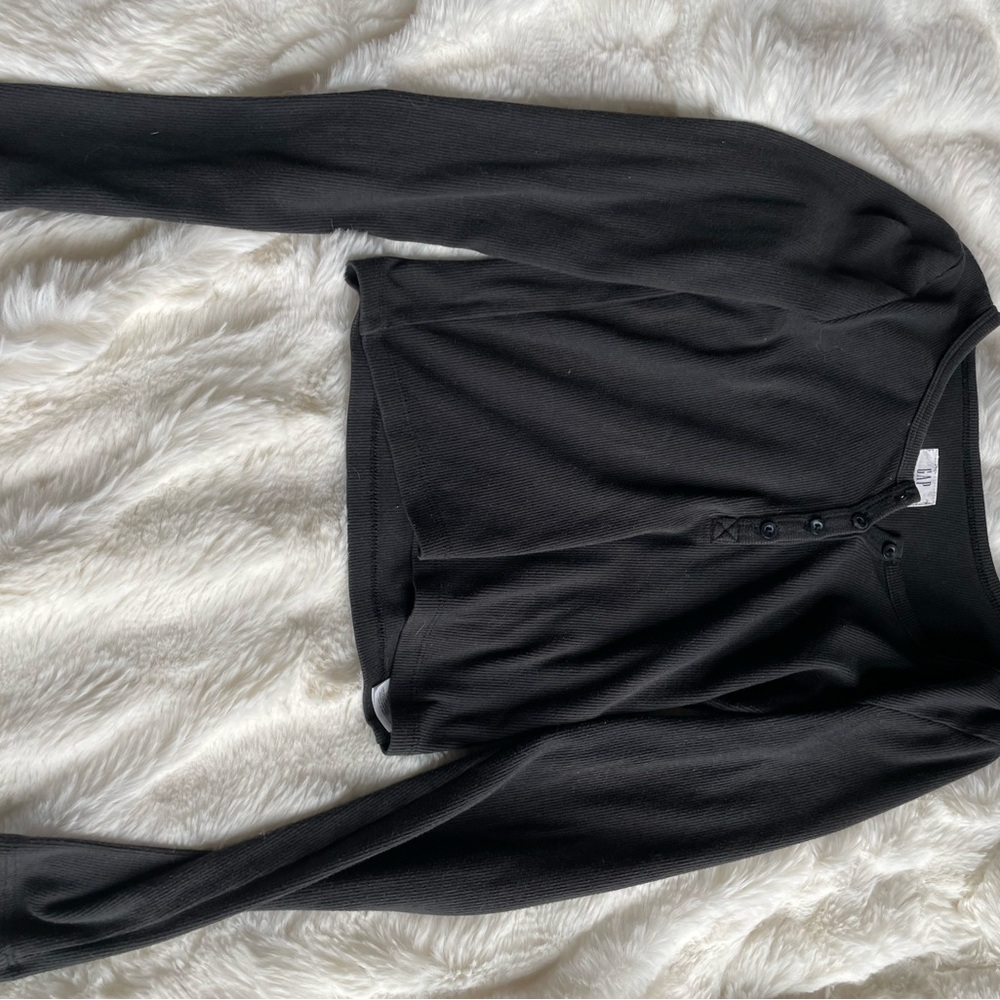 Black Long Sleeve Ribbed Henley Style Top